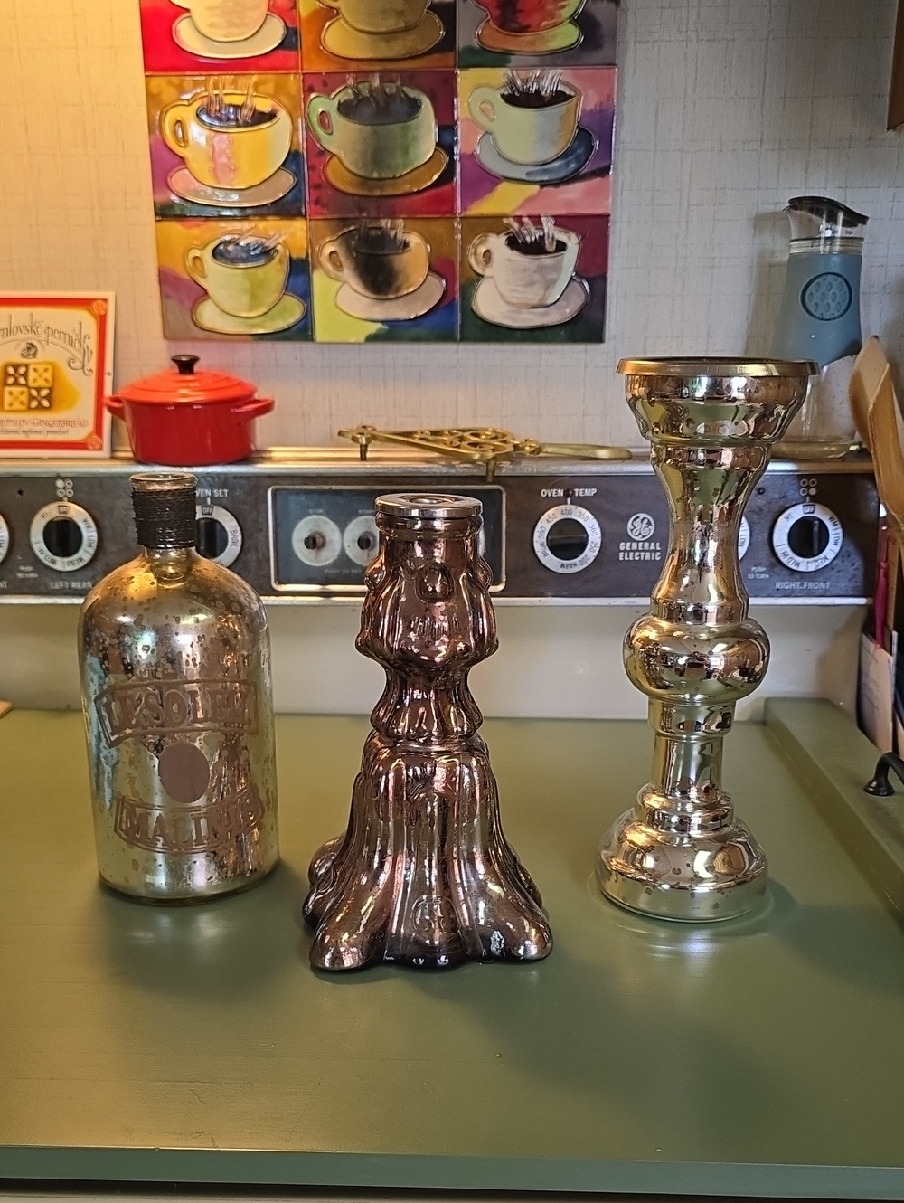 Mercury Glass Lot- 3 Candle Holders, 1 Pillar Stand And 2 Stick